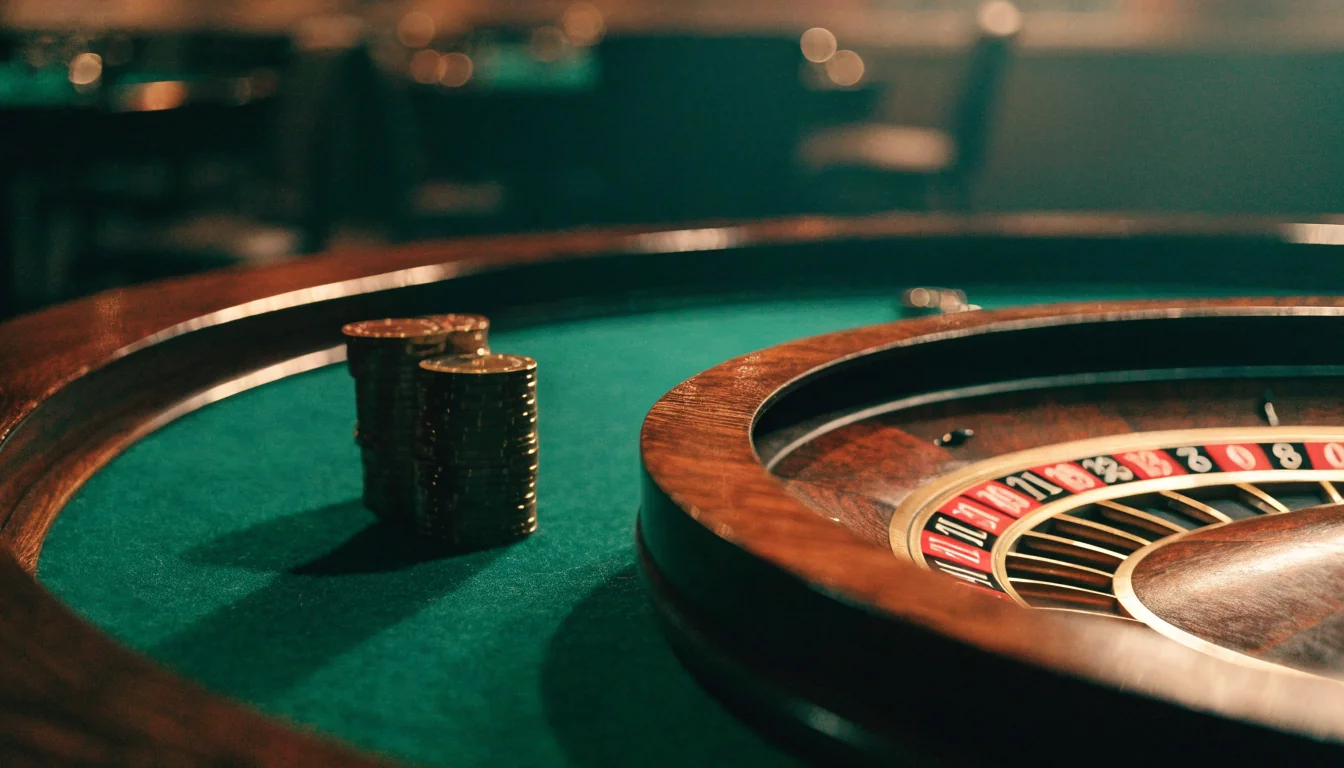 Elegante casinotafel met roulettewiel en gouden fiches in warme sfeer