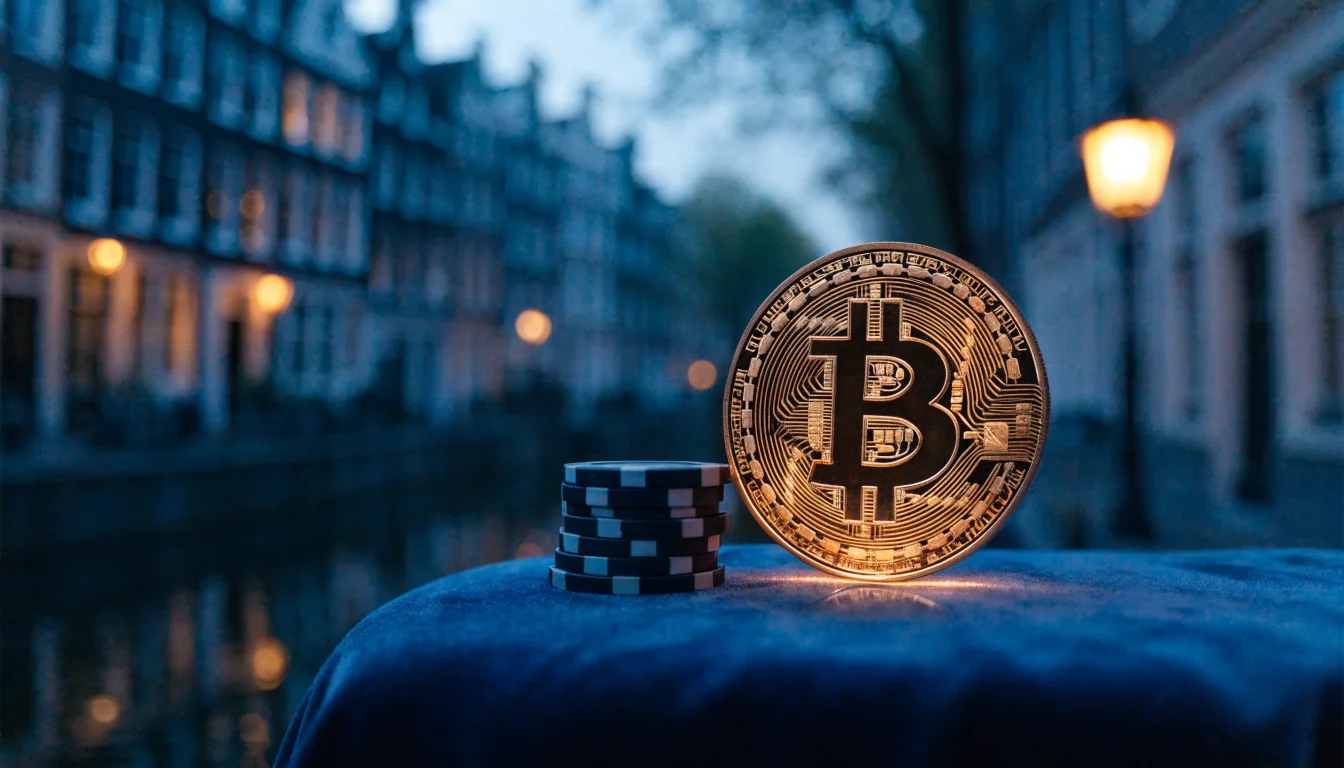 Gloeiende Bitcoin-munt en casinofiches op tafel met verlichte Amsterdamse grachtenpanden op de achtergrond