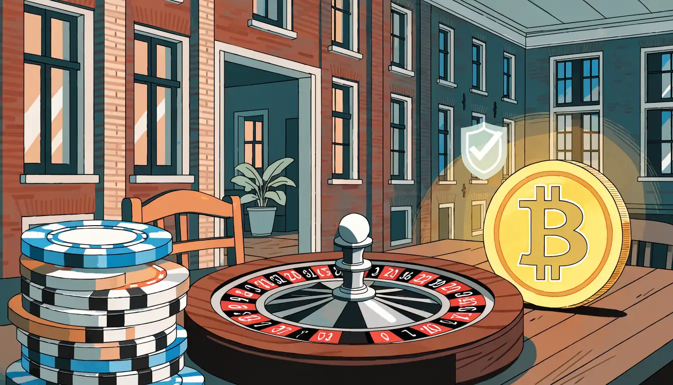Nederlandse goktafel met fiches, roulette en bitcoin-munt naast een waarschuwingsschild
