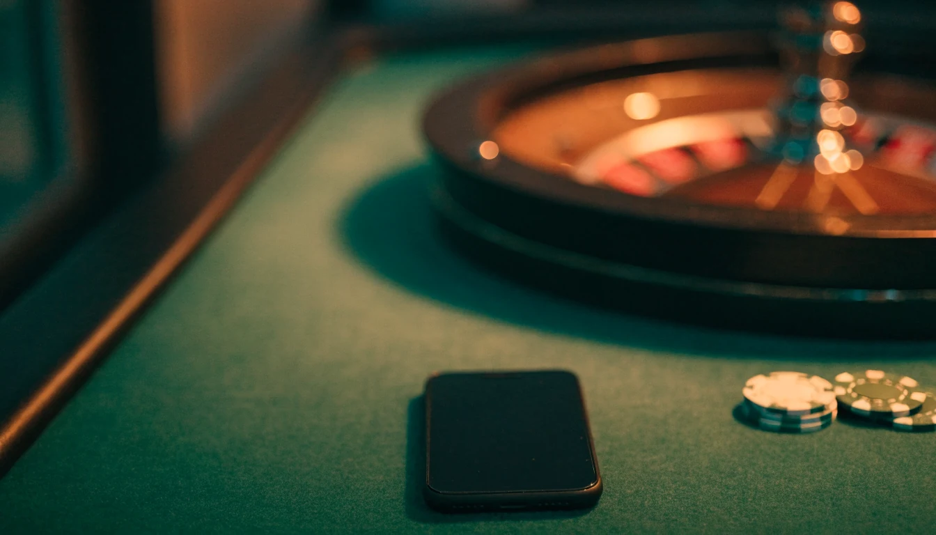 Smartphone en casinofiches op een groene speeltafel