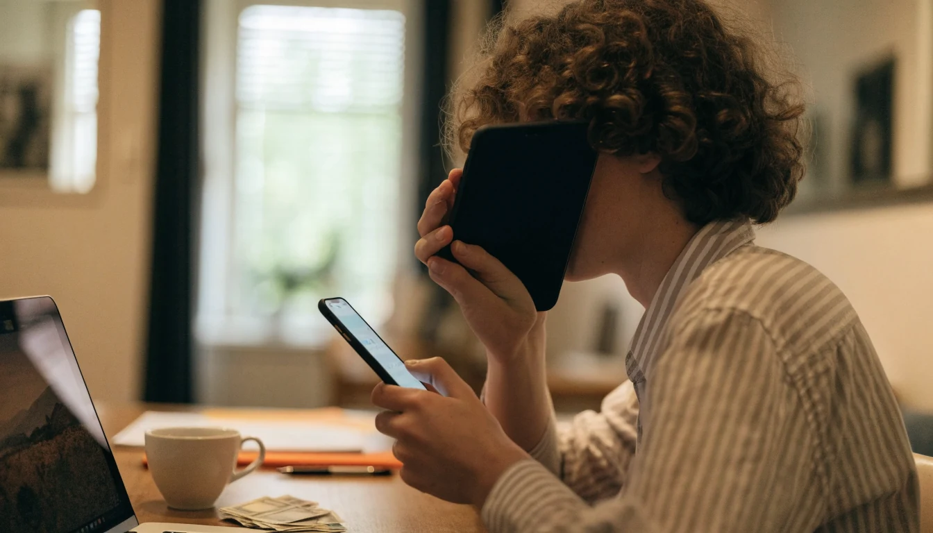 Nederlander aan bureau met smartphone, euro's en laptop bij betaling via Tikkie