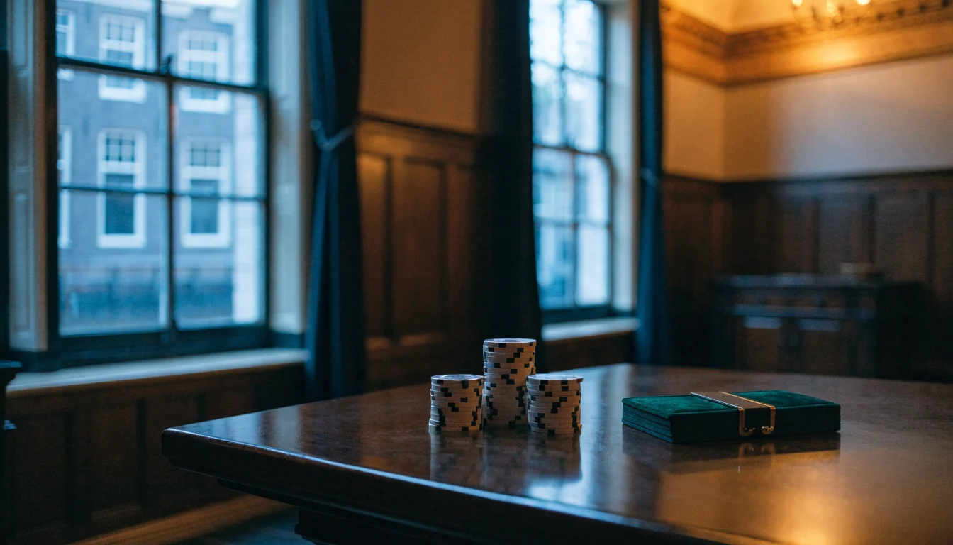 Elegant Nederlands interieur met houten kaarttafel en casino-fiches