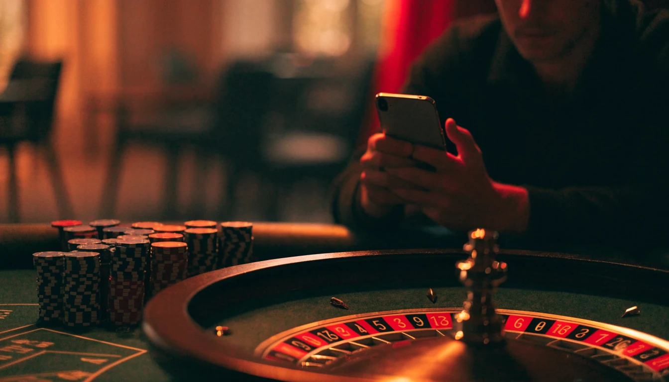 Stijlvolle casinokelder met roulettewiel en fiches, sfeervol verlicht