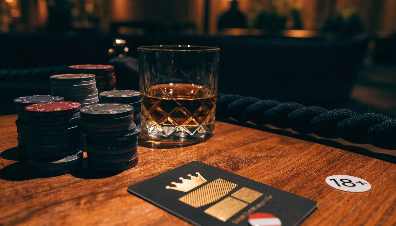 Luxe VIP-casino lounge met stapels fiches en een leeftijdsbadge 18+